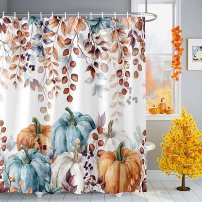 Shower Curtain Bathroom Set Fall Thanksgiving Pumpkin Orange Eucalyptus Leaf Waterproof Shower Curtains with Grommets Hooks Autumn Fallen Leaves Privacy Bath Curtain for Bathtub Decor 48x72in