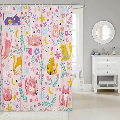 Feelyou Kids Funny Cats Shower Curtain Girls Cute Flower Cartoon Kitty Kitten Bathroom Waterproof Accessories with 12 Hooks 72x72 Inches Animal Theme Girly Kawaii Room Pink Decor