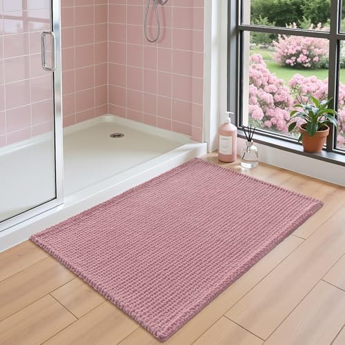 DEXI Chenille Bath Mat 36x24, Soft Absorbent Bathroom Rugs, Pink
