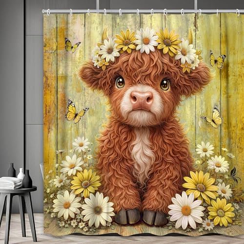 Cute Cow Shower Curtain, Farmhouse Rustic Yellow Floral Daisy Highland Cow Shower Curtains for Bathroom, Calf Country Farm Animal Garden Plant Fabric Bathroom Decor with Hooks, 60x72 inch