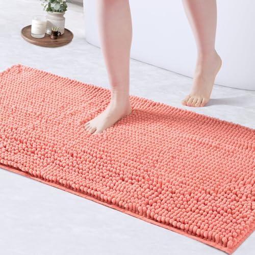 FRESHMINT Large Chenille Bathroom Rugs Mat 47"x24", Non-Slip Bath Mat for Bathroom Floor & Bathtub, Washable Shower Shag Bath Rugs, Soft Thick Water Absorbent Microfiber Shower Mat, Coral