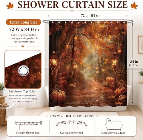 Fall Pumpkins Shower Curtain，Halloween Autumn Thanksgiving Harvest Forest Rural Trail Bathroom Decor，72 x 84 Inch Polyester Fabric Waterproof Bathroom Curtain with Hooks
