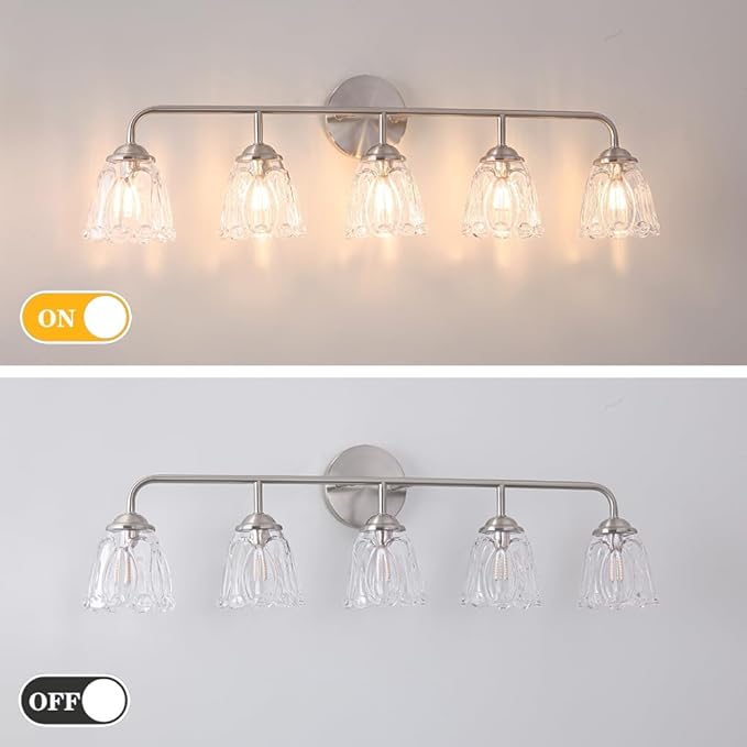Vintage Vanity Light for Bathroom, Elegant Vanity Light with Flower Glass Shade, Brushed Nickel 5-Light Bathroom Lighting Fixtures Over Mirror, Wall Sconce Lighting for Bedroom, Living Room