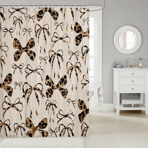 jejeloiu Cute Bowknot Shower Curtain for Bathroom Decor 72"x78" Black Brown Girls Bow Bath Curtain Kawaii Leopard Bathroom Accessories Waterproof Polyester Fabric for Stalls Bathtubs Princess Decor
