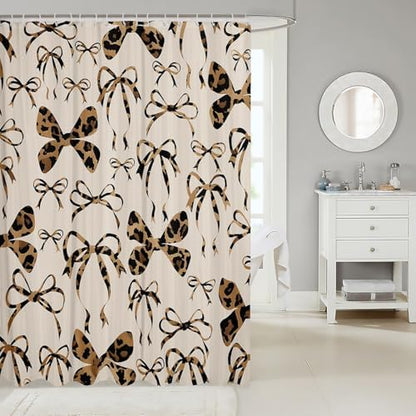 jejeloiu Cute Bowknot Shower Curtain for Bathroom Decor 72"x78" Black Brown Girls Bow Bath Curtain Kawaii Leopard Bathroom Accessories Waterproof Polyester Fabric for Stalls Bathtubs Princess Decor