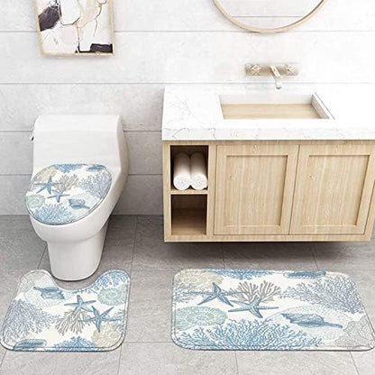 Nkzply 4 Pcs Beach Shower Curtain Set Blue Starfish Bathroom Sets with Shower Curtain and Rugs Ocean Seashell Coral Bathroom Decor Accessories Nautical Bathroom Rug Set Toilet Lid Cover 12 Hooks