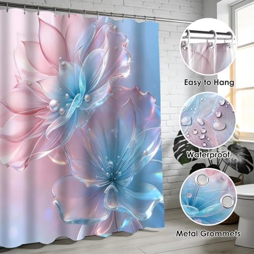 DDQQ 4 Pcs Floral Shower Curtain Set Pink Blue Bathroom Sets with Shower Curtain and Rugs, Flowers Pearl Shower Curtain Set, Lotus Bathroom Decor Set, Bathroom Rugs Set Toilet Lid Cover Hooks