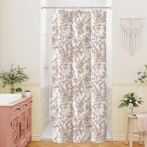 Burgundy Boho Linen Fabric Shower Curtain ,Farmhouse Floral For Bathroom