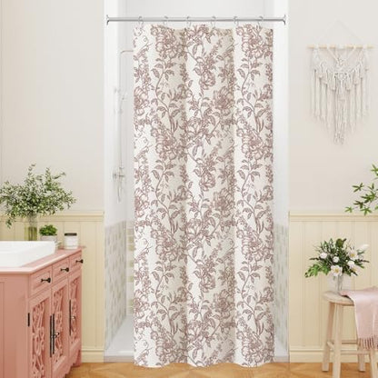 Burgundy Boho Linen Fabric Shower Curtain ,Farmhouse Floral For Bathroom
