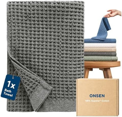 ONSEN Supima® Waffle Bath Towel, Large, Quick Dry Lint Free 100% USA Cotton, Lightweight Absorbent Bath Towel, 31x57 in (Cinder Grey, 1x Bath Towel)