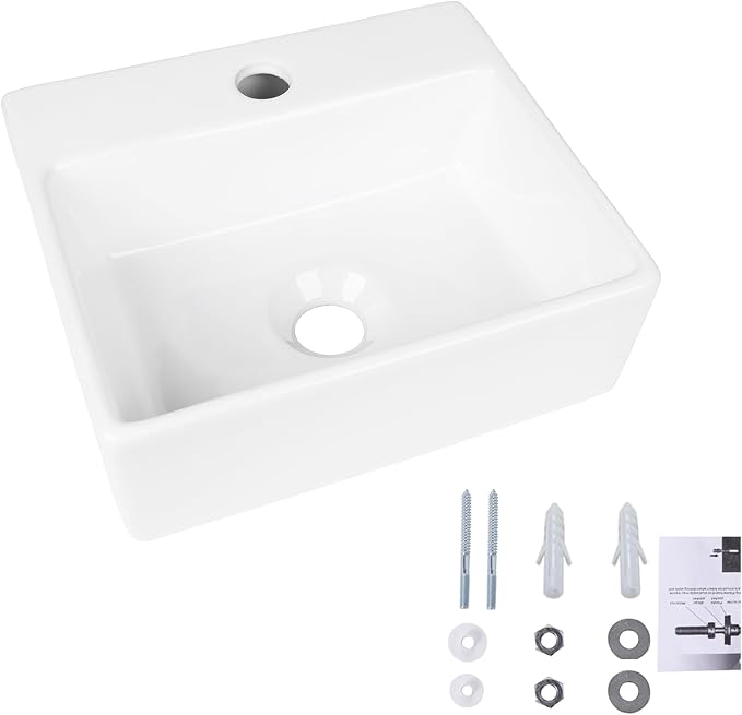 Wall Hung Bathroom Vessel Sink, QISHKA 13" X 11.5" Rectangular Floating Ceramic Wash Hand Basin White Wall Mount Vanity Sink for Small Bathroom and Small Cloakroom