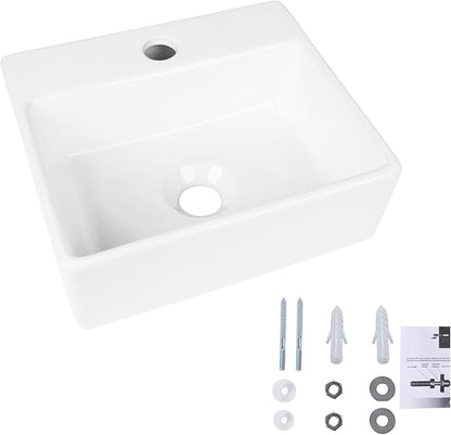 Wall Hung Bathroom Vessel Sink, QISHKA 13" X 11.5" Rectangular Floating Ceramic Wash Hand Basin White Wall Mount Vanity Sink for Small Bathroom and Small Cloakroom