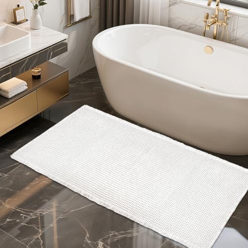 ZALL Waffle Bath Mat White Super Absorbent Non Slip Bathroom Rug 24x48inch,Machine Washable Ultra Soft Floor Mats