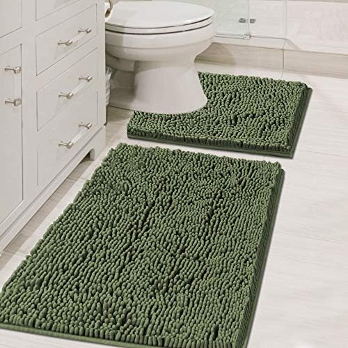 H.VERSAILTEX Bathroom Rugs Luxury Chenille Mat Set, Soft Plush Shower Rug + Toilet Mat, Microfiber Shaggy Carpet, Super Absorbent, Machine Washable (Curved Set, 32" x 20"/20" x 20", Loden)