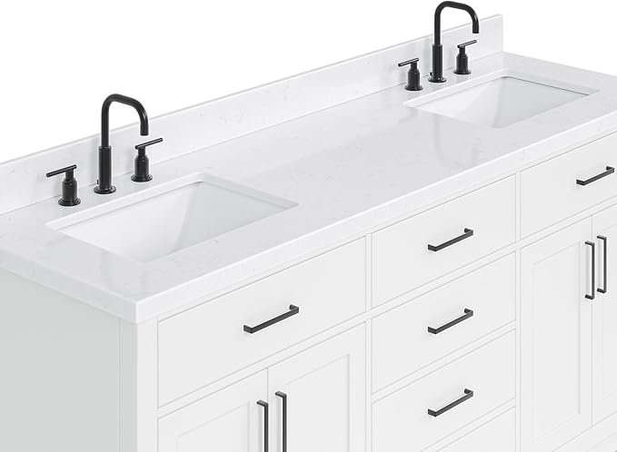 ARIEL Hepburn 72-inch Bathroom Vanity with Sink,Solid Wood, 1.5-inch Carrara White Quartz Countertop & Backsplash, Double Rectangular Porcelain Sink, 4 Soft Closing Doors, 6 Dovetail Drawers, White