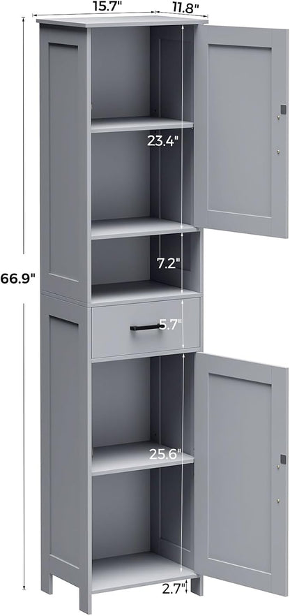 Homhedy 67" H Tall Bathroom Storage Cabinet with Barn Doors and Drawer | Narrow Storage Unit with Adjustable Shelves, Floor Cabinet for Bathroom, Living Room, Entryway or Kitchen, Gray, 15.7" W