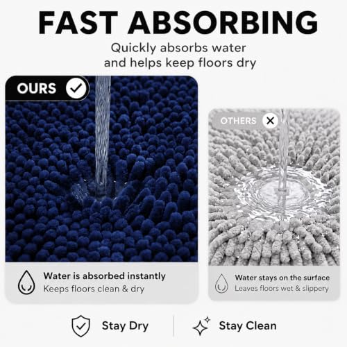 Bathroom Rugs Sets 2 Piece,Super Absorbent Soft,Thick,Machine Washable Chenille Bath Mat,Non Slip Toilet Floor Rug,Bath Mats for Bathroom,20x32 Plus 20x20 U Shape,Navy Blue