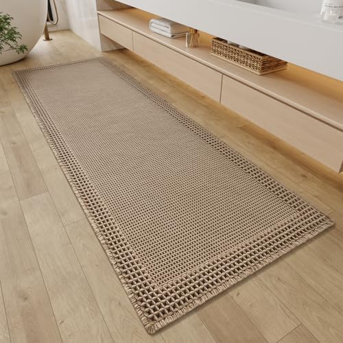 RESARE Waffle Bathroom Runner Rugs, Non Slip Boho Bath Mat 24"x72" Brown
