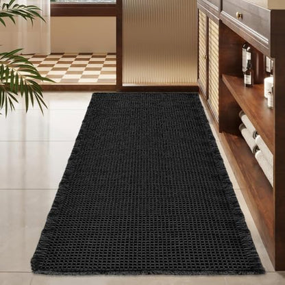 ZALL Waffle Bath Mat Black Super Absorbent Non Slip Bathroom Rug,Rhombus Geometric 24x48inch,Machine Washable Ultra Soft Floor Mats