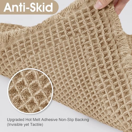 Upgraded Waffle Bath Mat Set 2 Piece Beige-Bordered, Super Absorbent Non-Slip Quick Dry Bathroom Rugs with Tassels, Machine Washable Ultra Soft Boho Bath Rugs for Floor, Bath Mats Boho Farmhouse Decor
