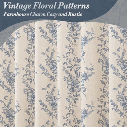 Blue Linen Farmhouse Shower Curtain, Boho Floral Bathroom 72x78