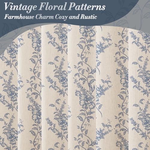 Blue Linen Farmhouse Shower Curtain, Boho Floral Bathroom 72x72