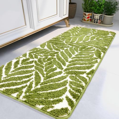 Bathroom Runner Rug- Soft Large Bath Mats, Green Rug for Bedroom, Bedside, Bathroom Runners Non Slip, Long Bathroom Mat Runner, Home Decor Leaves 24" x 60"