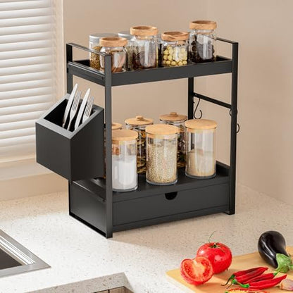 2-Tier Bathroom Counter Organizer, Wooden Vanity Shelf with Drawer & Basket