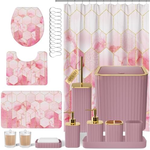 XLHOMO Bathroom Set - 26PC Bathroom Set with Shower Curtain and Rugs, Bathroom Accessory Set, Pink Bathroom Accessories Set, Trash Can & Soap Dispenser