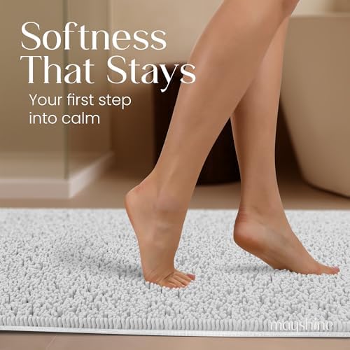 MAYSHINE Runner Plush Shaggy Chenille Bath Mat 71"x31" Extra Soft, Super Absorbent, Non-Slip Bathroom Rug | Fluffy Microfiber, Area Rug Sets for Bathroom Floor, Kitchen, Living Room | White