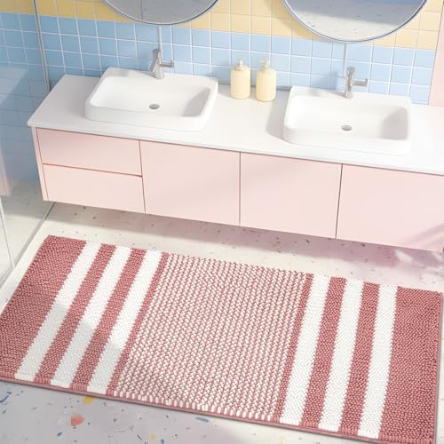 BSICPRO Large Bathroom Rugs Runner, 20x47 Chenille Bath Mats, Dusty Pink
