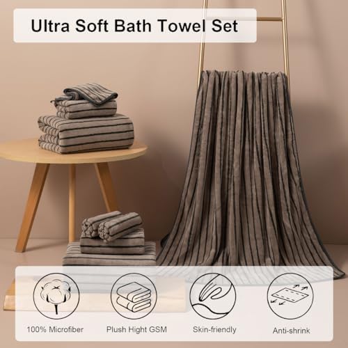 8 Pcs Brown Cabana Stripe Large Bath Towel Set-2 Bathroom Towels,2 Hand Towels,4 Washcloths Lightweight Soft Microfiber Bath Sheet Absorbent Shower Towel Quick Dry Beach Chair Spa Gym Hotel Towels