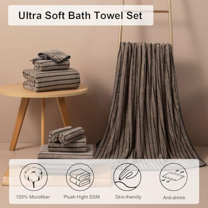 4 Piece Brown Cabana Stripe Large Bath Towels Oversized Bath Sheet Super Soft Breathable Jumbo Bathroom Towels Highly Absorbent Shower Towel Quick Dry Beach Chair Towel Spa Gym Hotel Towel Set