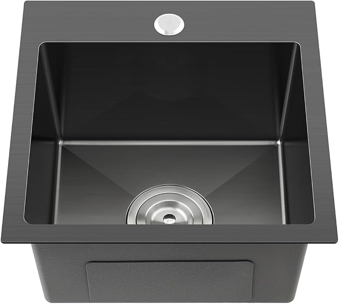 18"x18" Drop in Kitchen Sink, 304 SS Handmade Black Single Bowl | D18"xW18"xH9" Square Topmount Basin Sink 1 Faucet Hole, Handmade Brushed Finish for Bar, Kitchen Prep and RV