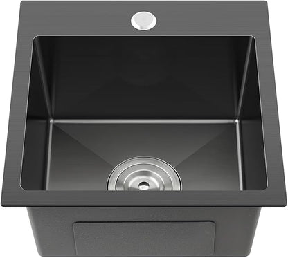 18"x18" Drop in Kitchen Sink, 304 SS Handmade Black Single Bowl | D18"xW18"xH9" Square Topmount Basin Sink 1 Faucet Hole, Handmade Brushed Finish for Bar, Kitchen Prep and RV