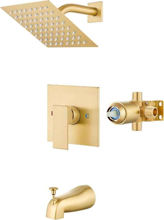 Airuida 6 Inch Shower Faucet Set,Bathtub Faucet Kit,Brushed Gold | Shower Tub Faucet Set,Male Threads Rough-In Valve,Square Head Shower System