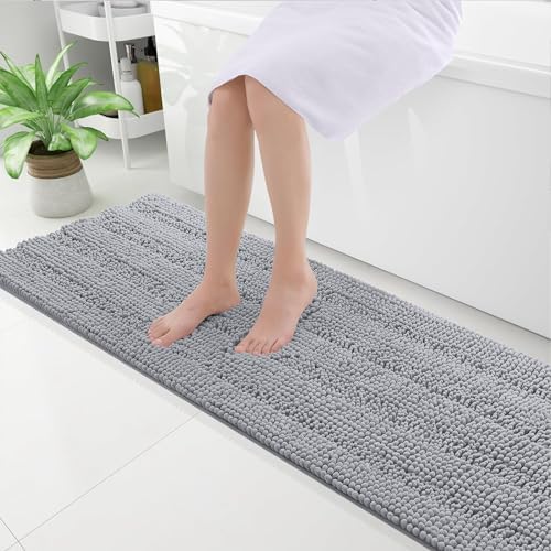 Grandaily Chenille Striped Bathroom Rugs 59x20, Extra Thick and Absorbent Bath Mats, Non-Slip Soft Plush Shaggy Shower Carpet, Machine Wash Dry, Bath Rug for Bathroom, Light Grey