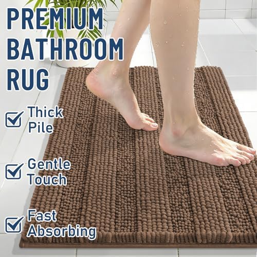 Grandaily Chenille Striped Bathroom Rugs 24x16, Extra Thick and Soft Absorbent Bath Mats, Rubber Backing, Plush Shaggy Shower Carpet, Machine Wash Dry, Bath Rug for Bathroom, Mocha