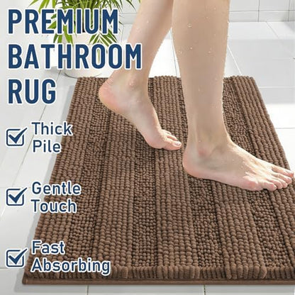 Grandaily Chenille Striped Bathroom Rugs 30x20, Extra Thick and Soft Absorbent Bath Mats, Rubber Backing, Plush Shaggy Shower Carpet, Machine Wash Dry, Bath Rug for Bathroom, Mocha