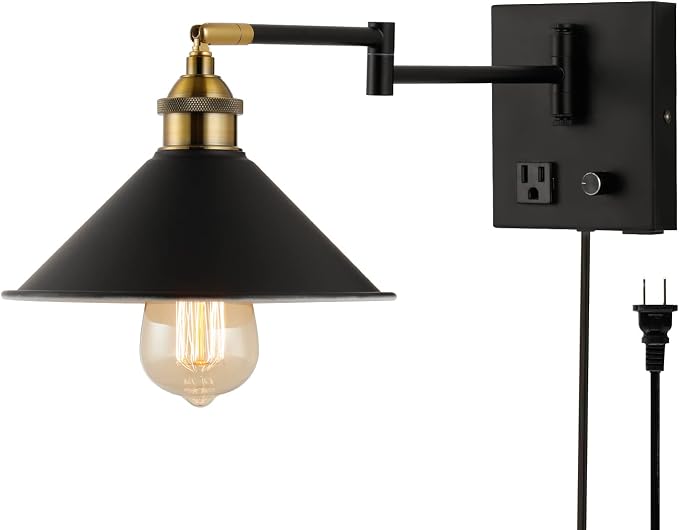 Bedside Wall Mount Light with Dimmable Switch and Outlet, Swing Arm Metal Shade Wall Sconce Light with USB Port and Plug in Cord, Black Wall Lamp for Bedroom, Living Room and Hotel