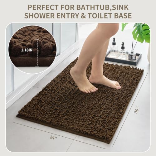 Bathroom Rugs Non Slip Washable 36x24, Extra Thick Soft Chenille Absorbent Bath Mat, High Density Barrier Non Slip Backing, Quick Dry Plush Shaggy Floor Carpet for Tub&Shower, Brown