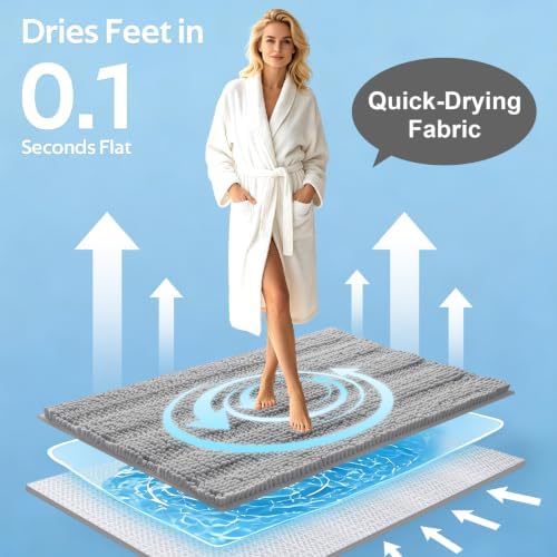 Striped Light Grey Bathroom Rug Mat Set 2 piece 24"x17"+48"x20" Ultra Soft, Non Slip Chenille Bath Rugs, Absorbent Plush Shaggy Bath Mats for Bathroom, Bedroom, Kitchen, Shower, Tub,Light Gray