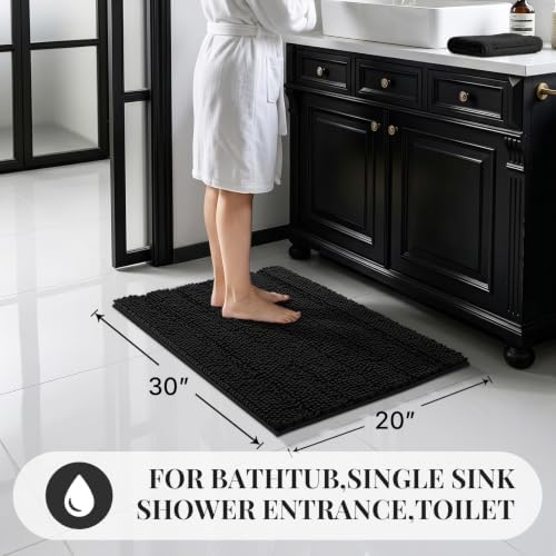 Bcoimo Bath Rug Mat,30x20 Chenille Non Slip Black Bathroom Floor Shower Mat