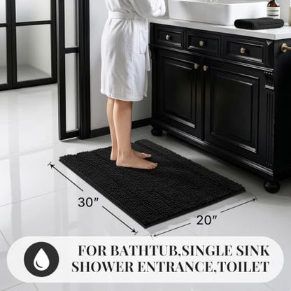 Bcoimo Bath Rug Mat,30x20 Chenille Non Slip Black Bathroom Floor Shower Mat