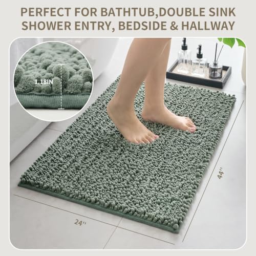 Bathroom Rugs Non Slip Washable 44x24, Extra Thick Soft Chenille Absorbent Bath Mat, High Density Barrier Non Slip Backing, Quick Dry Plush Shaggy Floor Carpet for Tub&Shower, Sage Green