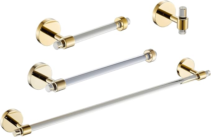 SHUNLI Bathroom Accessories Hardware Set 4 Pieces Wall Mounted,Towel Rack+Hand Towel Holder+Toilet Paper Holder+Hook,Brass and Acrylic,Gold Towel Bar Set