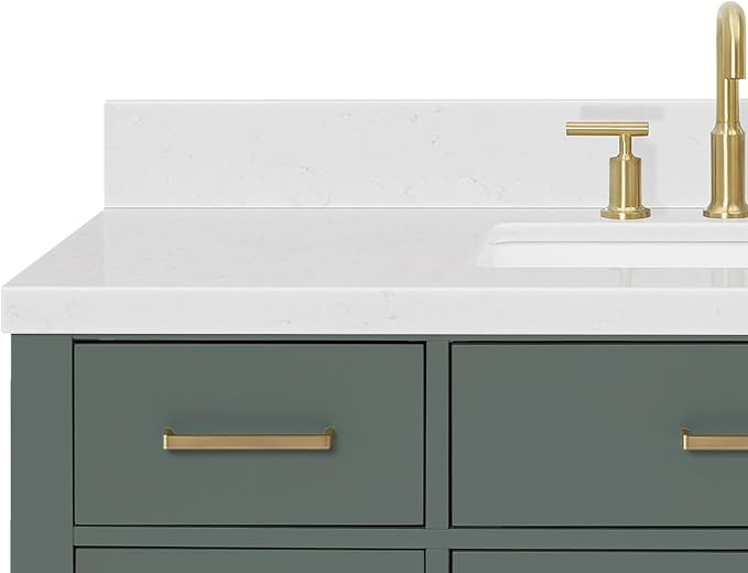 Isabella 48-inch Vintage Green Bathroom Vanity with Center Rectangle Single Sink, Carrara White Quartz Countertop & Backsplash, Solid Wood Frame, Soft-Closing & Dovetail Drawers