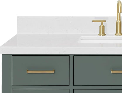 Isabella 48-inch Vintage Green Bathroom Vanity with Center Rectangle Single Sink, Carrara White Quartz Countertop & Backsplash, Solid Wood Frame, Soft-Closing & Dovetail Drawers