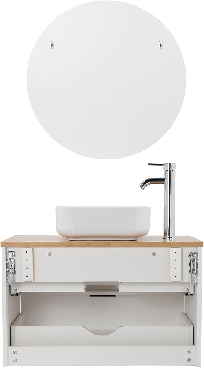 32 inch Bathroom Vanity with Sink and Solid Wood Countertop, Wall Mounted Bathroom Vanity Cabinet with 2 Drawers, Modern Floating Bathoom Vanity Set Include Square Ceramic Basin Sink & Round Mirror