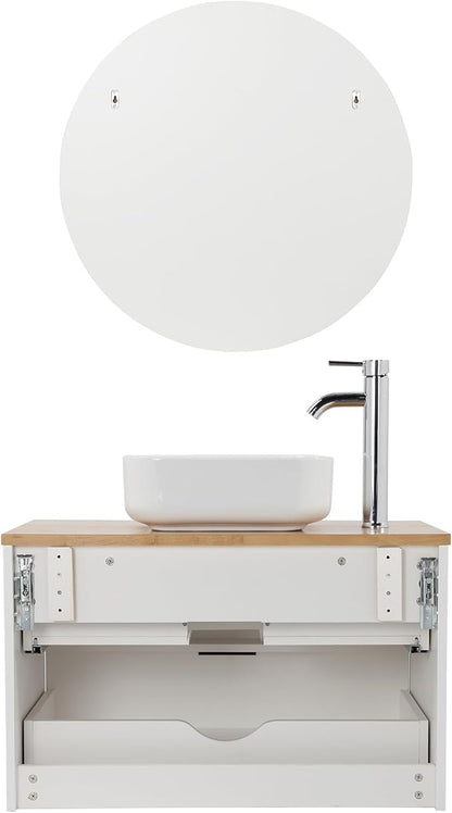 32 inch Bathroom Vanity with Sink and Solid Wood Countertop, Wall Mounted Bathroom Vanity Cabinet with 2 Drawers, Modern Floating Bathoom Vanity Set Include Square Ceramic Basin Sink & Round Mirror